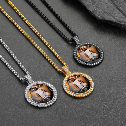 Customized Cz Picture Circle Chain Necklace With Calendar for