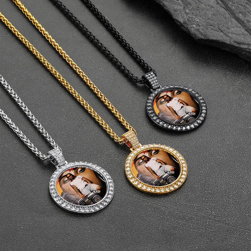 Customized Cz Picture Circle Chain Necklace With Calendar for