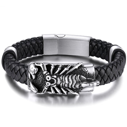 Punk Scorpion Black Braided Leather Bracelet Bangle Gift for Son Grandson
