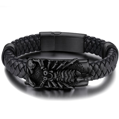 Punk Scorpion Black Braided Leather Bracelet Bangle Gift for Son Grandson