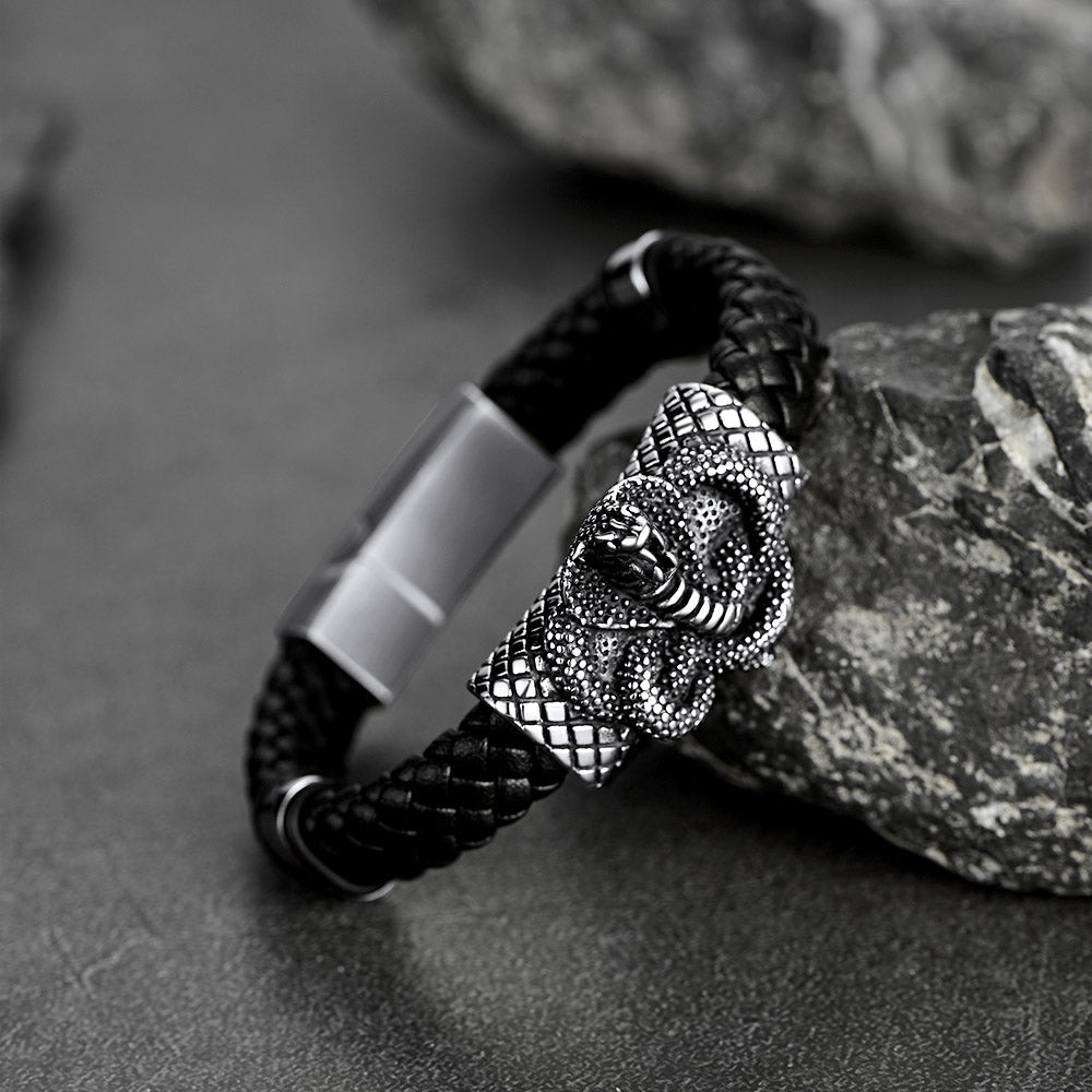 Gothic Black Cobra Snake Leather Bracelet Cuff Band for