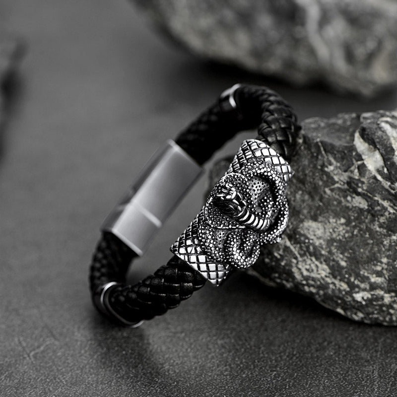 Gothic Black Cobra Snake Leather Bracelet Cuff Band for