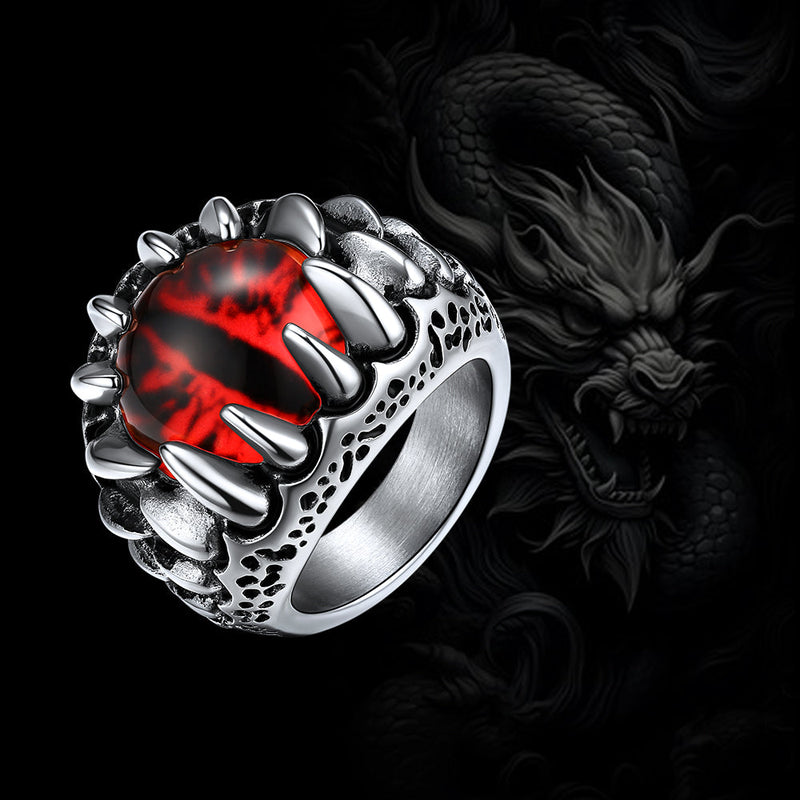 Gothic Dragon Teeth Red Evil Eyes Ring for