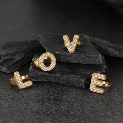 Cz Bold Initial Rings Open Adjustable Statement Ring for