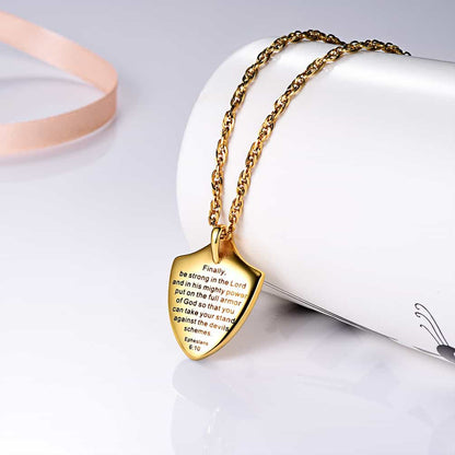 Christian Cross Shield Pendant Necklace With Ephesians 6:10 for