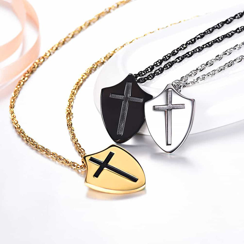 Christian Cross Shield Pendant Necklace With Ephesians 6:10 for