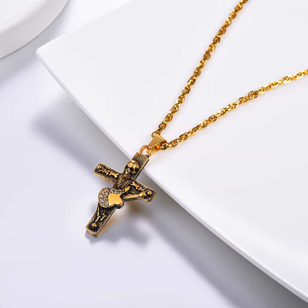 Punk Skull Guitar Cross Necklace for
