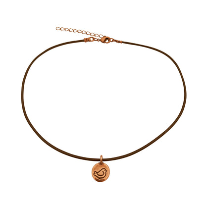Dragonweave Bird Circle Charm Necklace and Earring Set, Antique Copper Brown Leather Choker and Leverback Earrings