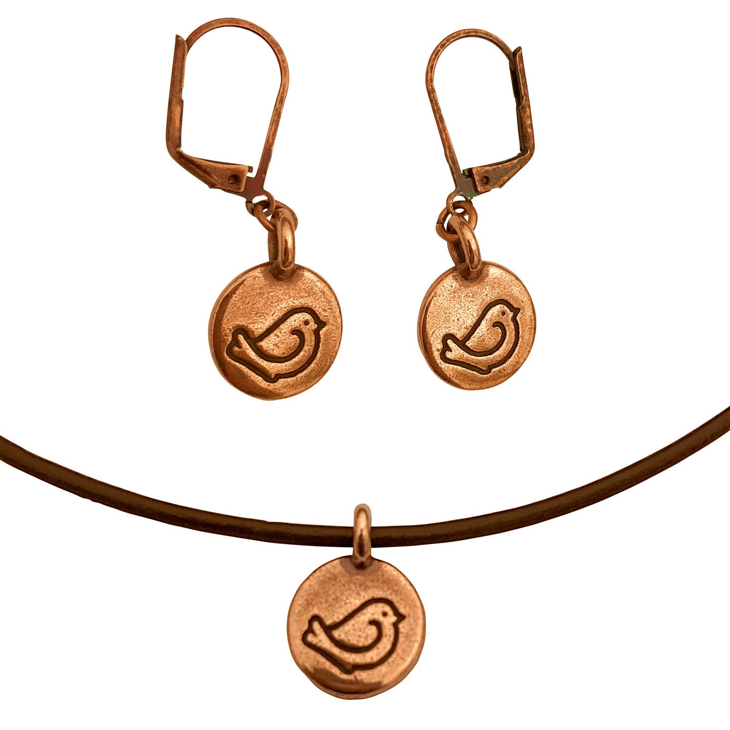 Dragonweave Bird Circle Charm Necklace and Earring Set, Antique Copper Brown Leather Choker and Leverback Earrings