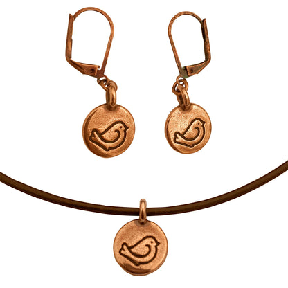 Dragonweave Bird Circle Charm Necklace and Earring Set, Antique Copper Brown Leather Choker and Leverback Earrings