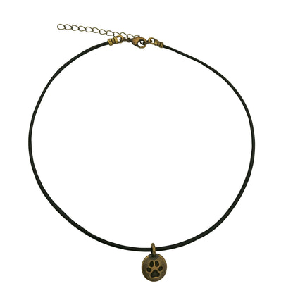 Dragonweave Paw Circle Charm Necklace and Earring Set, Antique Brass Black Leather Choker and Leverback Earrings