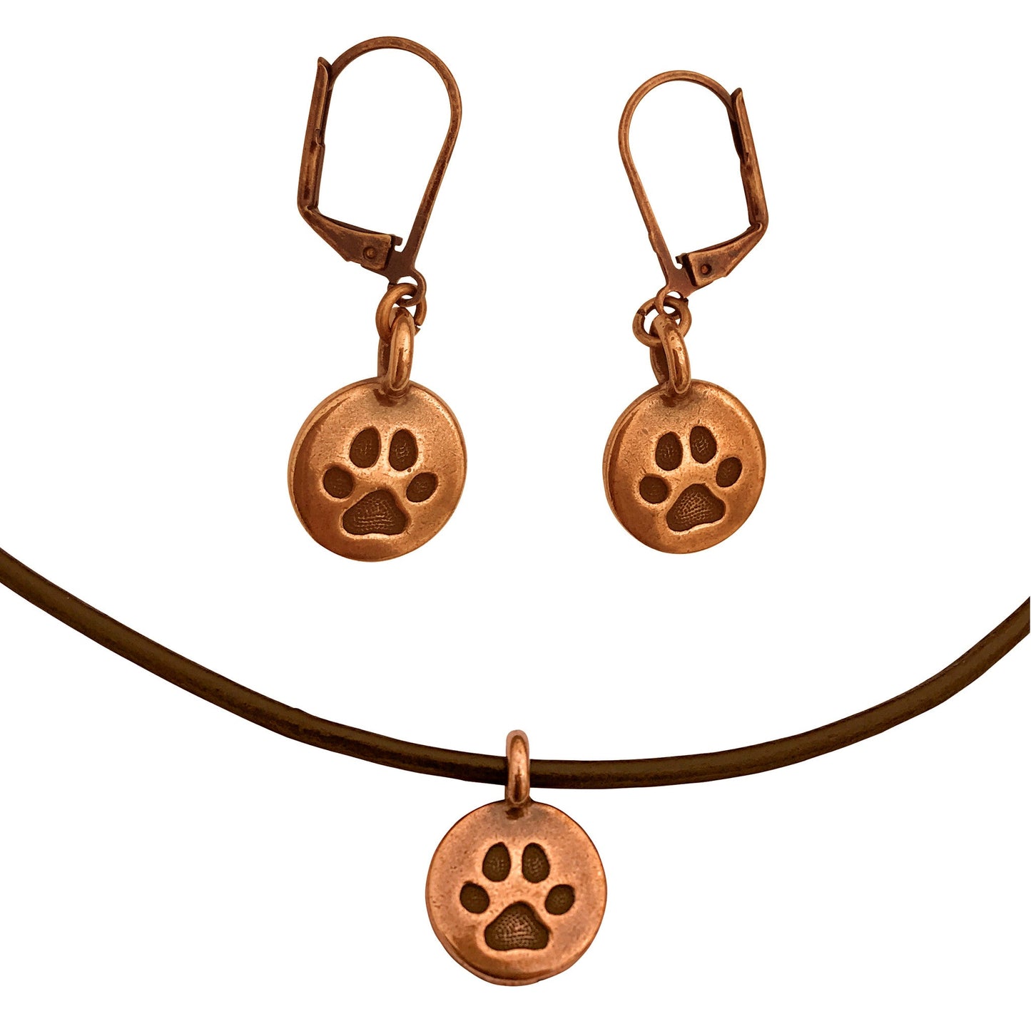 Dragonweave Paw Circle Charm Necklace and Earring Set, Antique Copper Brown Leather Choker and Leverback Earrings