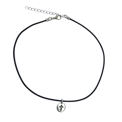 Dragonweave Cross Circle Charm Necklace and Earring Set, Silver Plated Black Leather Choker and Leverback Earrings