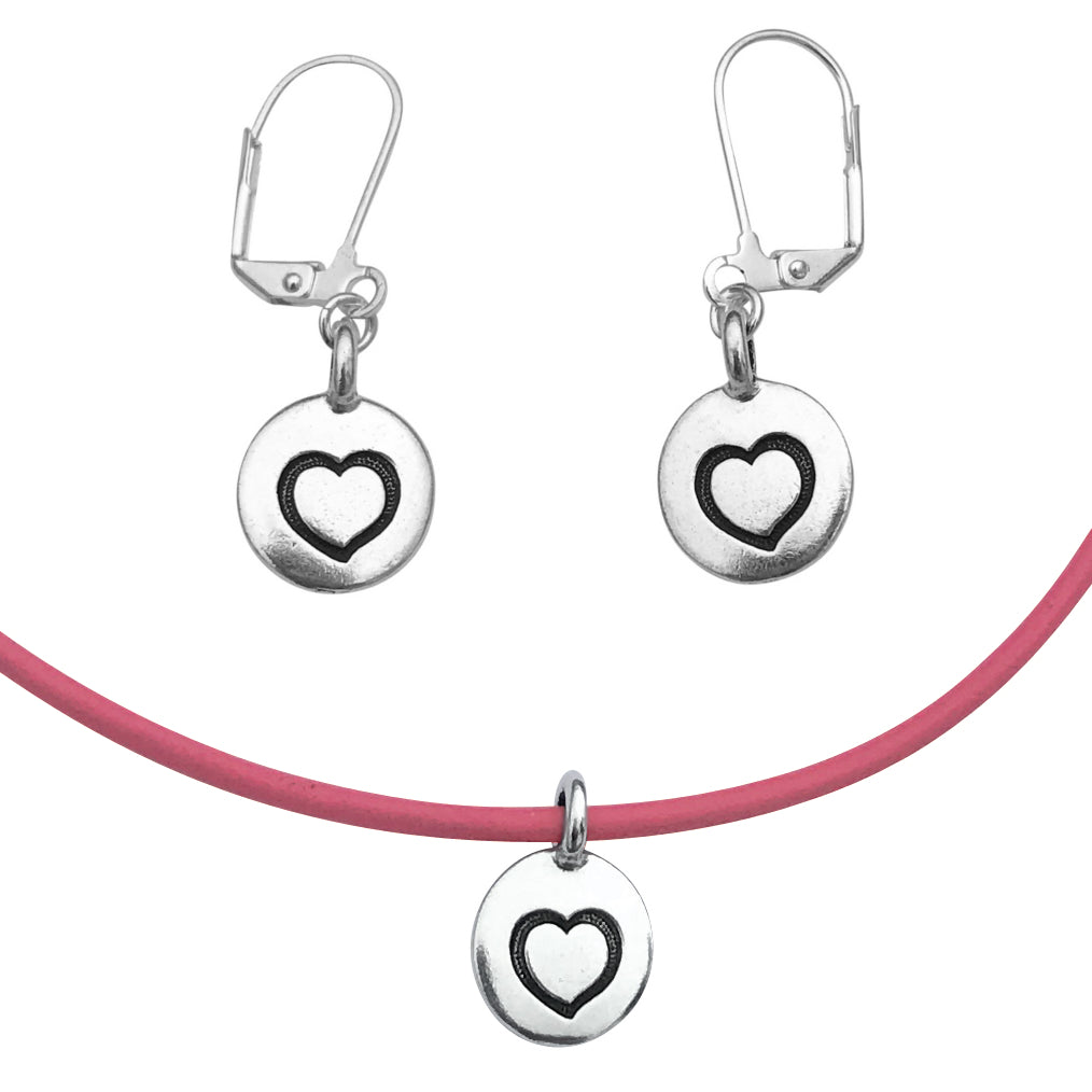 Dragonweave Heart Circle Charm Necklace and Earring Set, Silver Plated Pink Leather Choker and Leverback Earrings