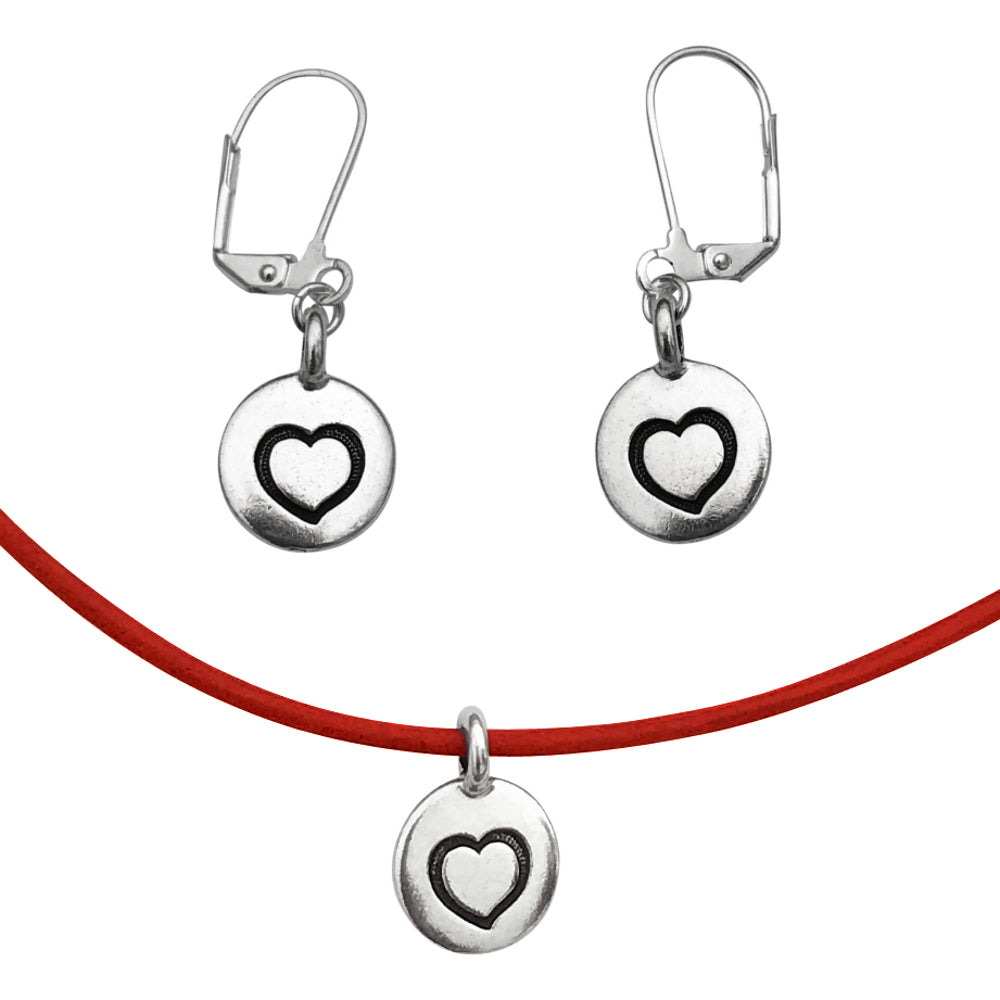 Dragonweave Heart Circle Charm Necklace and Earring Set, Silver Plated Red Leather Choker and Leverback Earrings