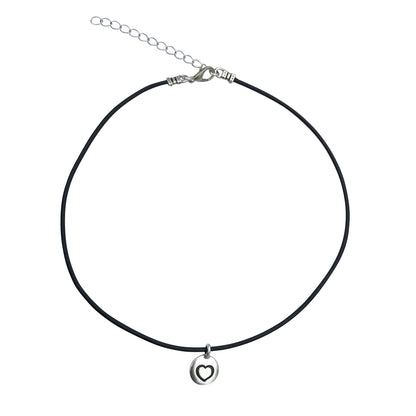 Dragonweave Heart Circle Charm Necklace and Earring Set, Silver Plated Black Leather Choker and Leverback Earrings