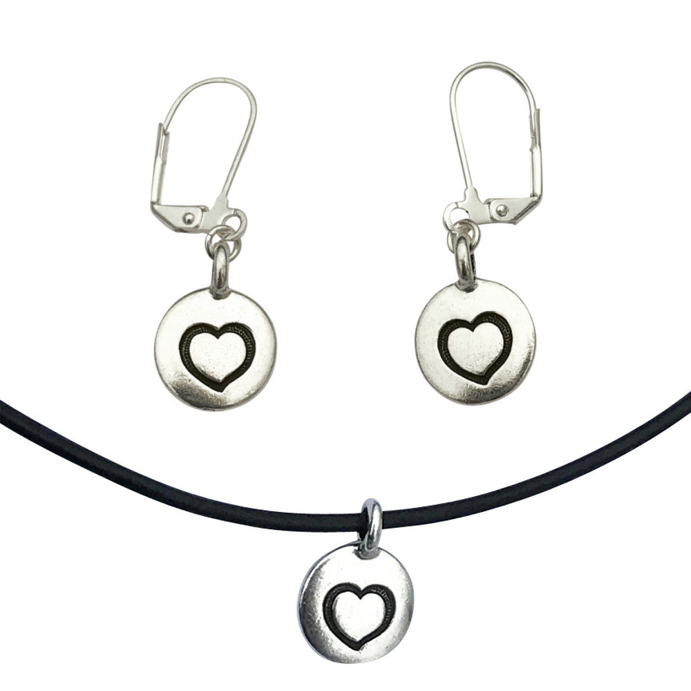 Dragonweave Heart Circle Charm Necklace and Earring Set, Silver Plated Black Leather Choker and Leverback Earrings