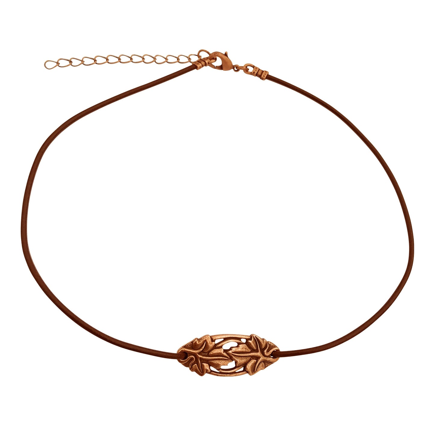 Dragonweave Elven Ivy Charm Necklace and Earring Set, Antique Copper Brown Leather Choker and Leverback Earrings