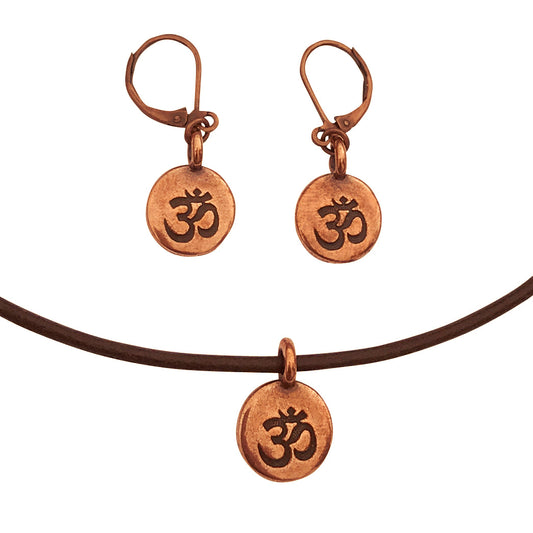 Dragonweave Om/ohm Symbol Circle Charm Necklace and Earring Set, Antique Copper Brown Leather Choker and Leverback Earrings