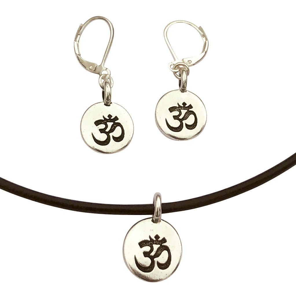 Dragonweave Om/ohm Symbol Circle Charm Necklace and Earring Set, Silver Plated Black Leather Choker and Leverback Earrings