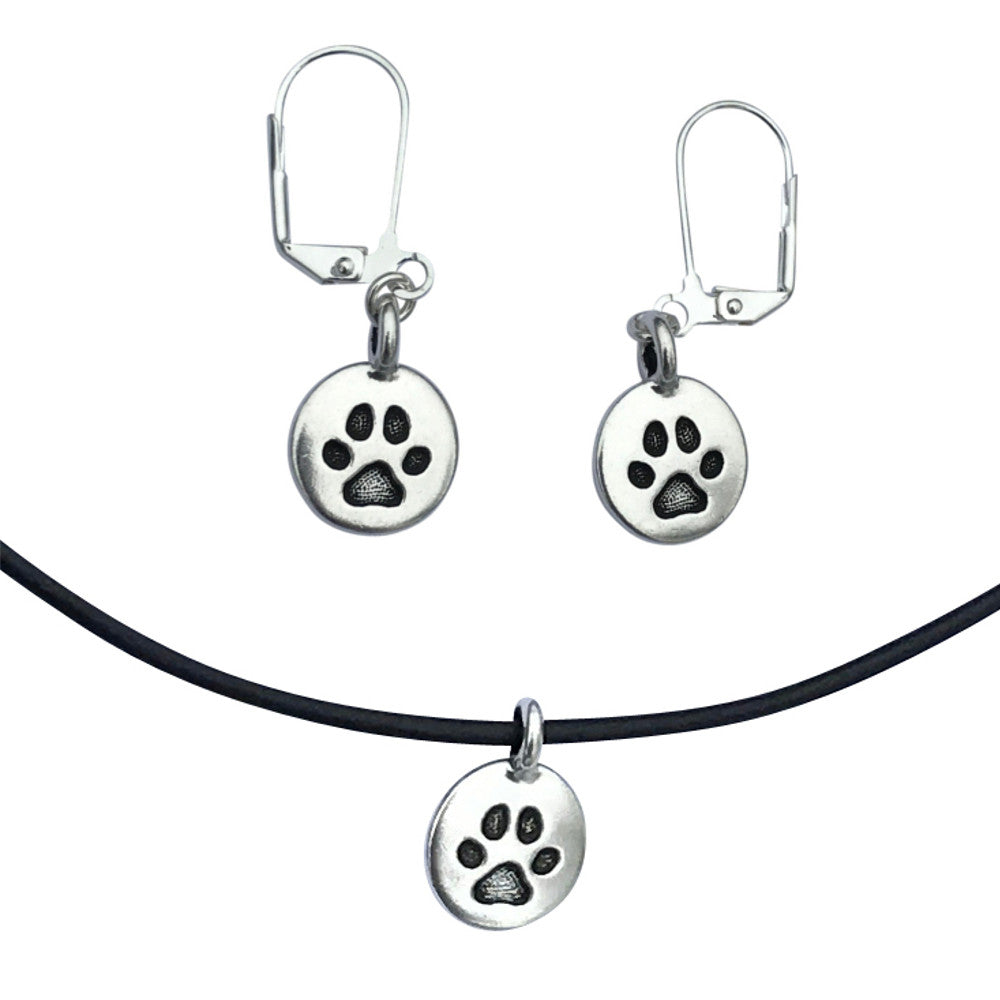 Dragonweave Paw Circle Charm Necklace and Earring Set, Silver Plated Black Leather Choker and Leverback Earrings