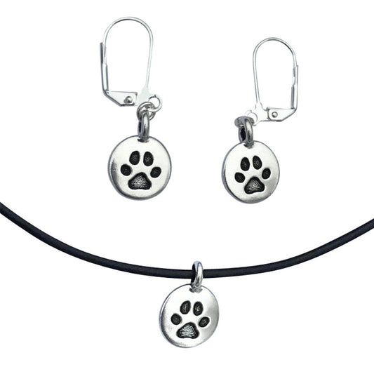 Dragonweave Paw Circle Charm Necklace and Earring Set, Silver Plated Black Leather Choker and Leverback Earrings