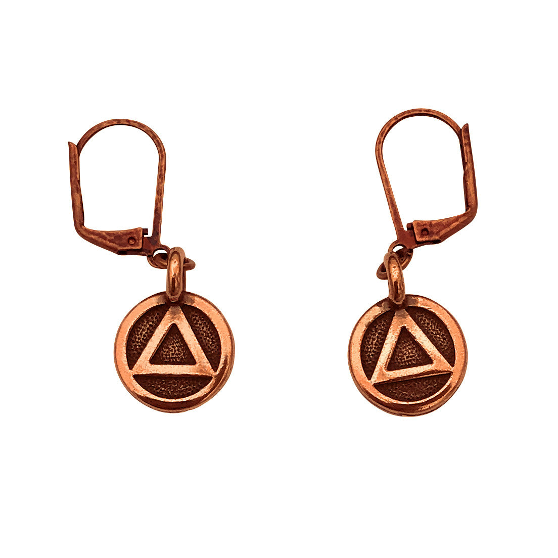 Dragonweave Recovery Triangle Circle Charm Necklace and Earring Set, Antique Copper Brown Leather Choker and Leverback Earrings
