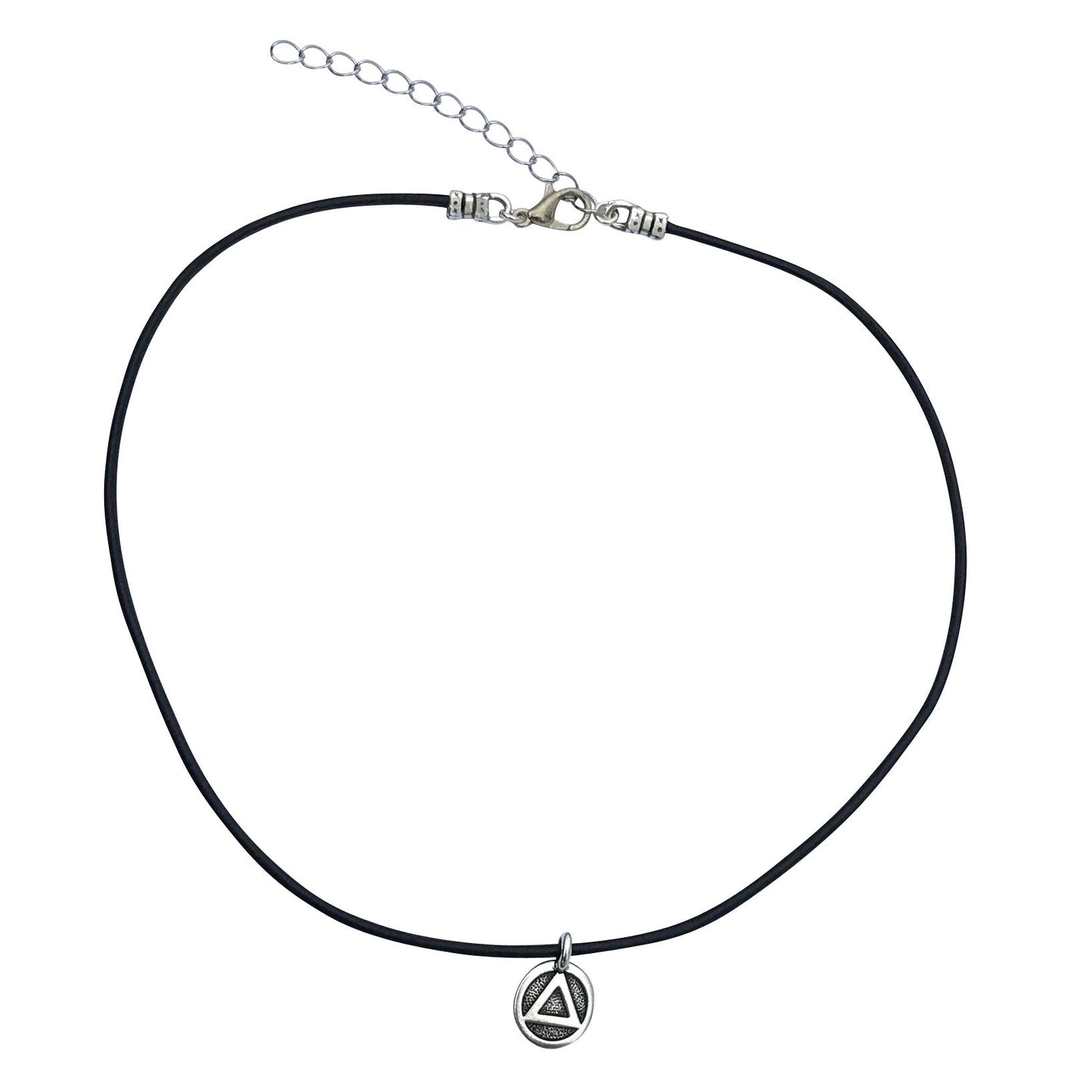 Dragonweave Recovery Triangle Circle Charm Necklace and Earring Set, Silver Plated Black Leather Choker and Leverback Earrings