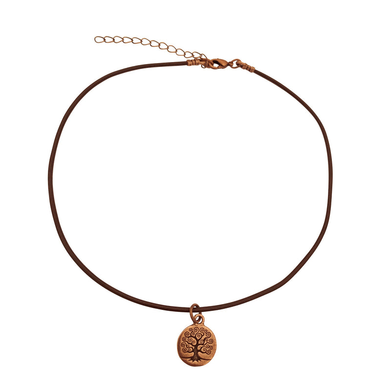 Dragonweave Tree Circle Charm Necklace and Earring Set, Antique Copper Brown Leather Choker and Leverback Earrings