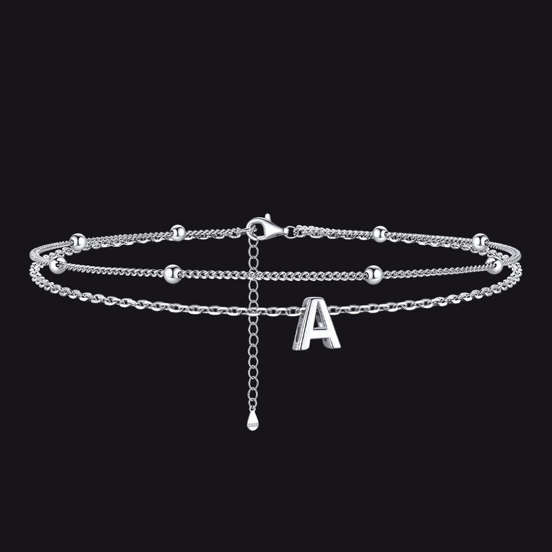 925 Sterling Silver Bead Chain Layered Initial Anklets for Girlfriend Gift
