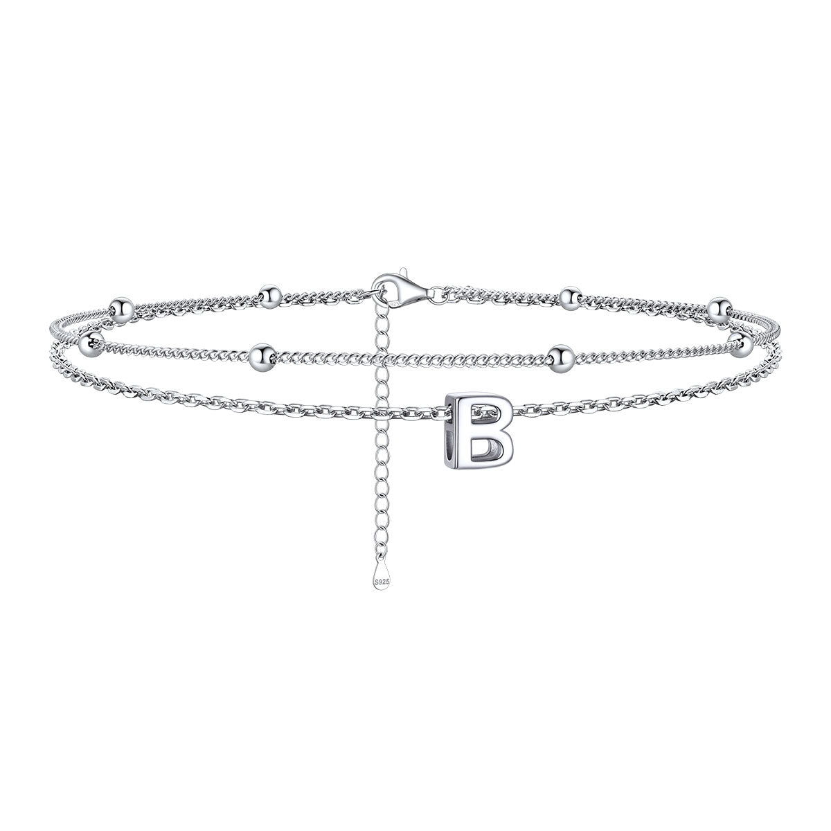 925 Sterling Silver Bead Chain Layered Initial Anklets for Girlfriend Gift