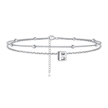 925 Sterling Silver Bead Chain Layered Initial Anklets for Girlfriend Gift
