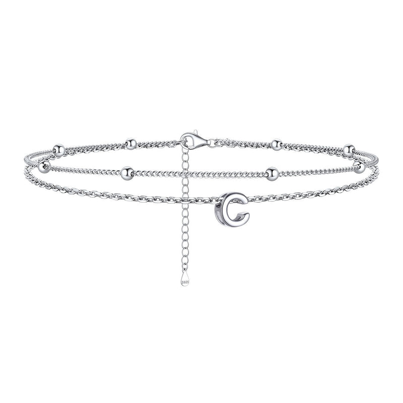 925 Sterling Silver Bead Chain Layered Initial Anklets for Girlfriend Gift