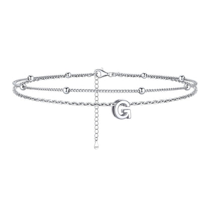 925 Sterling Silver Bead Chain Layered Initial Anklets for Girlfriend Gift