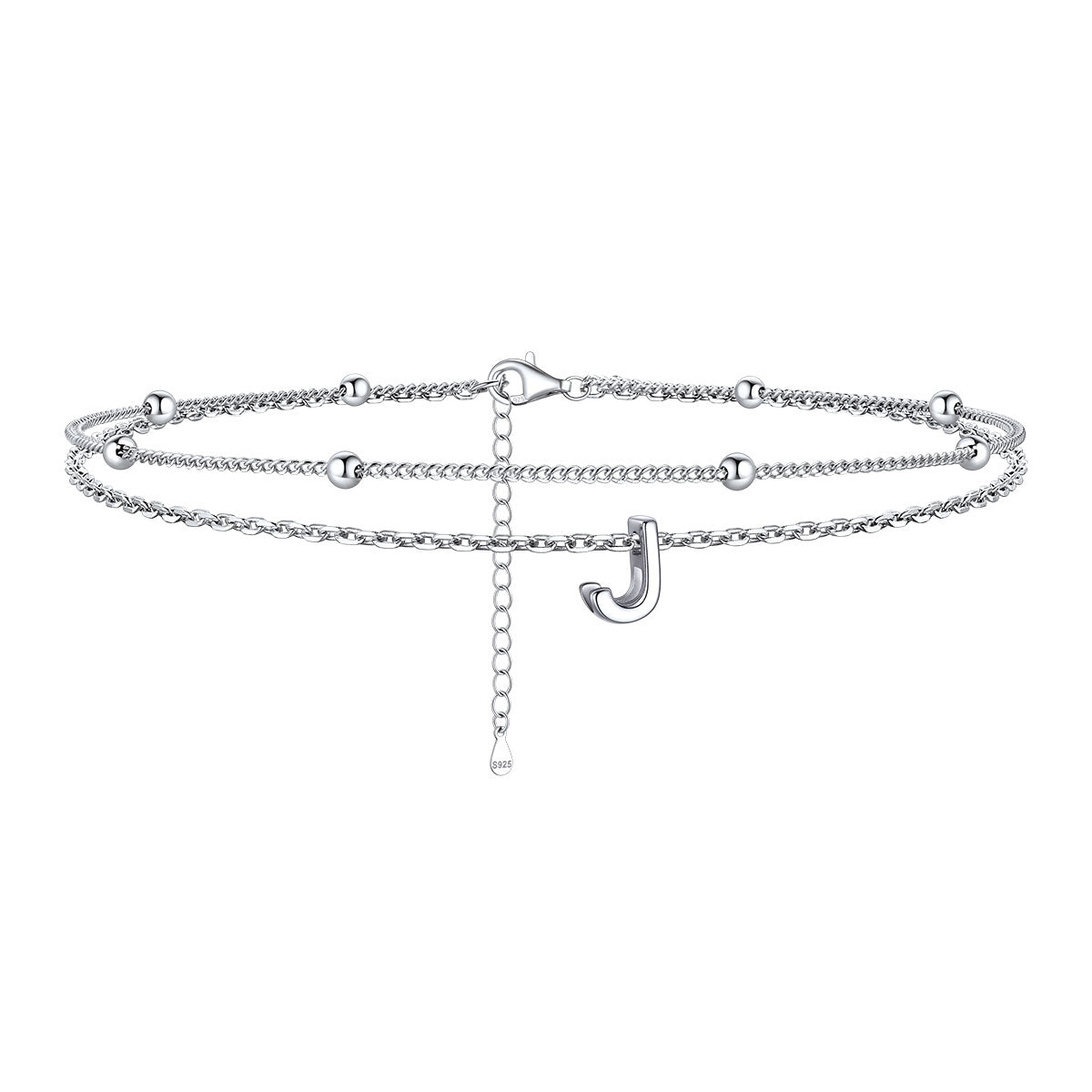 925 Sterling Silver Bead Chain Layered Initial Anklets for Girlfriend Gift