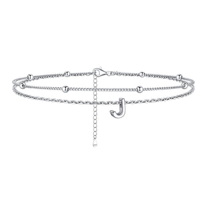 925 Sterling Silver Bead Chain Layered Initial Anklets for Girlfriend Gift