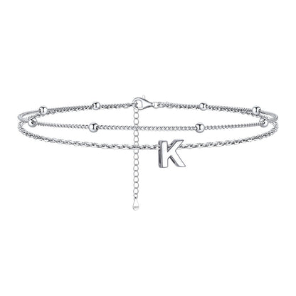 925 Sterling Silver Bead Chain Layered Initial Anklets for Girlfriend Gift