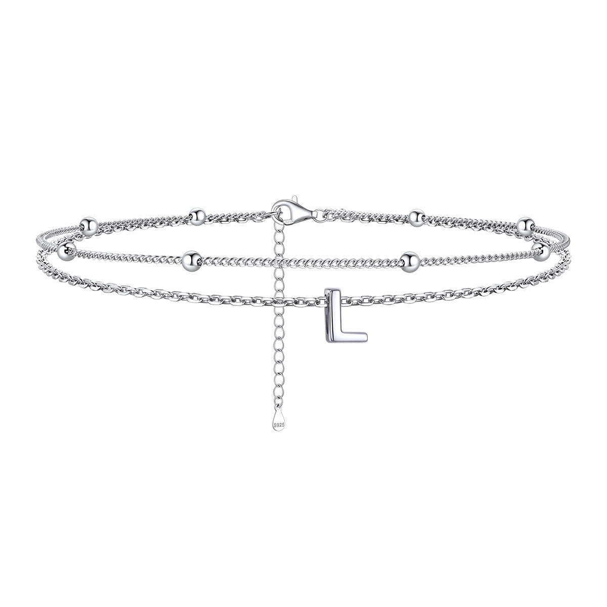925 Sterling Silver Bead Chain Layered Initial Anklets for Girlfriend Gift