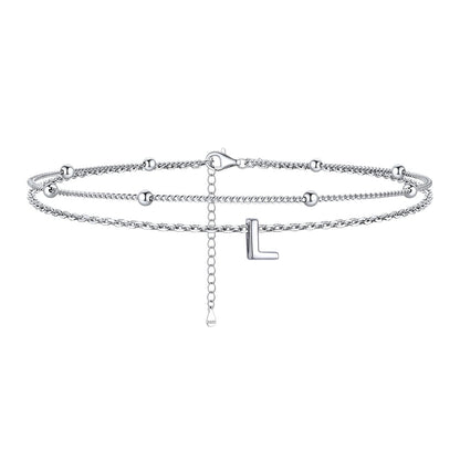 925 Sterling Silver Bead Chain Layered Initial Anklets for Girlfriend Gift