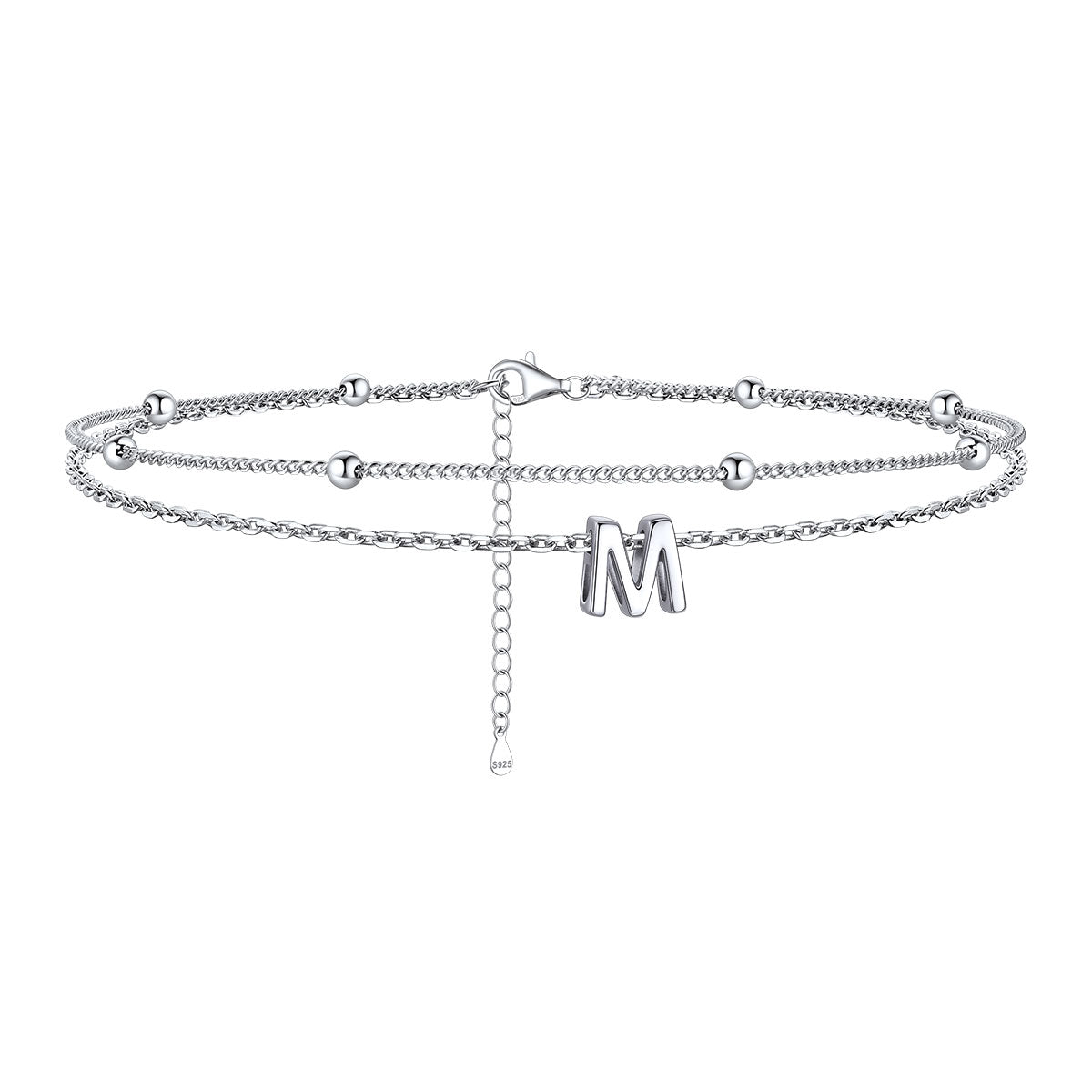 925 Sterling Silver Bead Chain Layered Initial Anklets for Girlfriend Gift