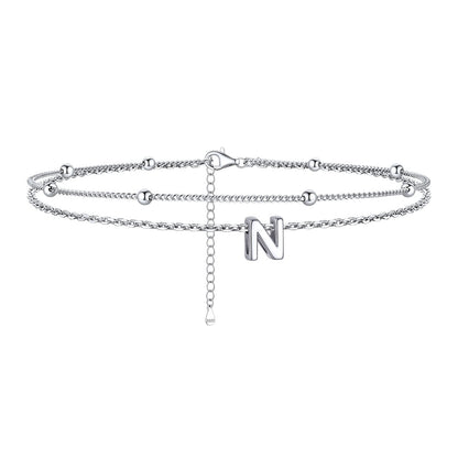 925 Sterling Silver Bead Chain Layered Initial Anklets for Girlfriend Gift
