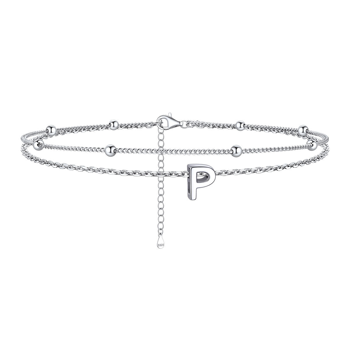 925 Sterling Silver Bead Chain Layered Initial Anklets for Girlfriend Gift