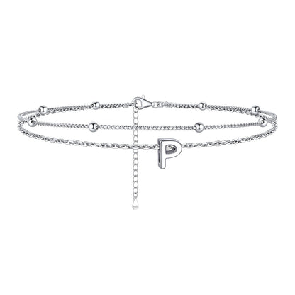 925 Sterling Silver Bead Chain Layered Initial Anklets for Girlfriend Gift
