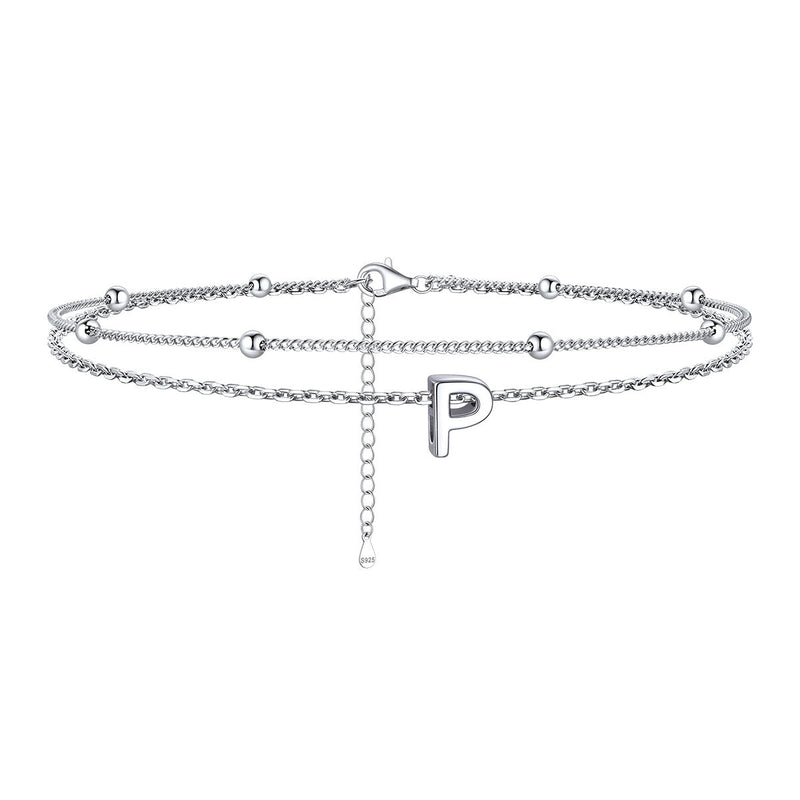 925 Sterling Silver Bead Chain Layered Initial Anklets for Girlfriend Gift