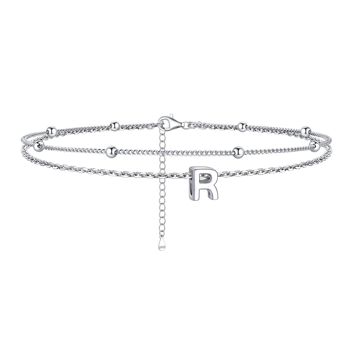 925 Sterling Silver Bead Chain Layered Initial Anklets for Girlfriend Gift