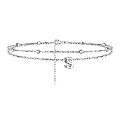 925 Sterling Silver Bead Chain Layered Initial Anklets for Girlfriend Gift