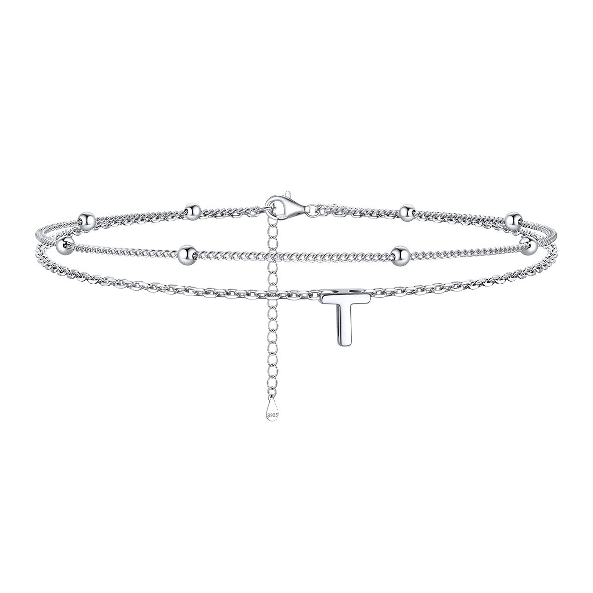 925 Sterling Silver Bead Chain Layered Initial Anklets for Girlfriend Gift