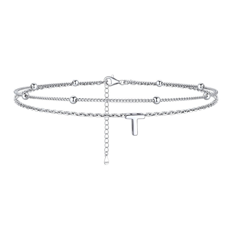925 Sterling Silver Bead Chain Layered Initial Anklets for Girlfriend Gift