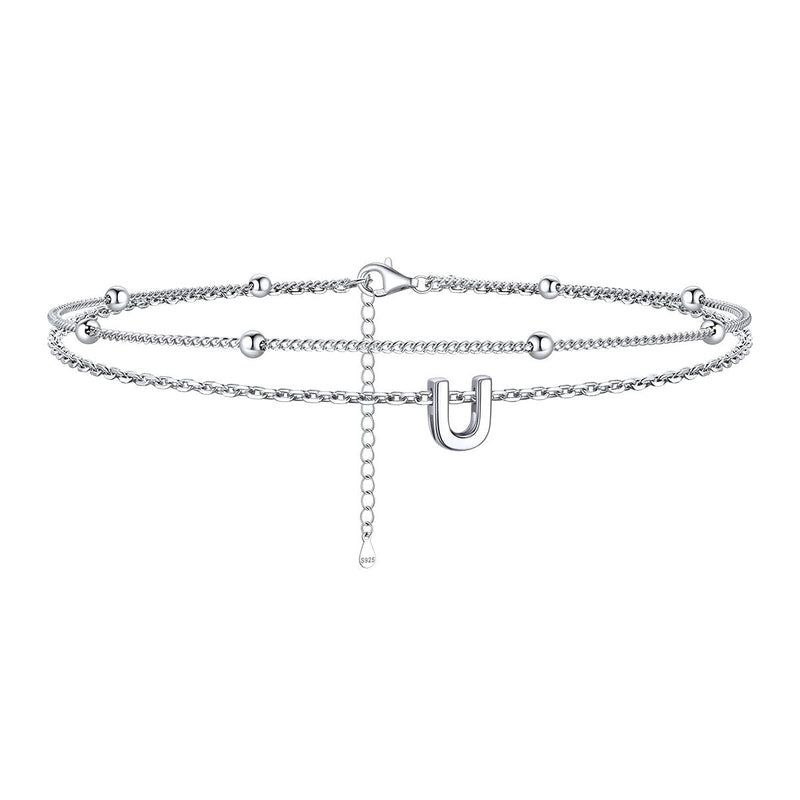 925 Sterling Silver Bead Chain Layered Initial Anklets for Girlfriend Gift