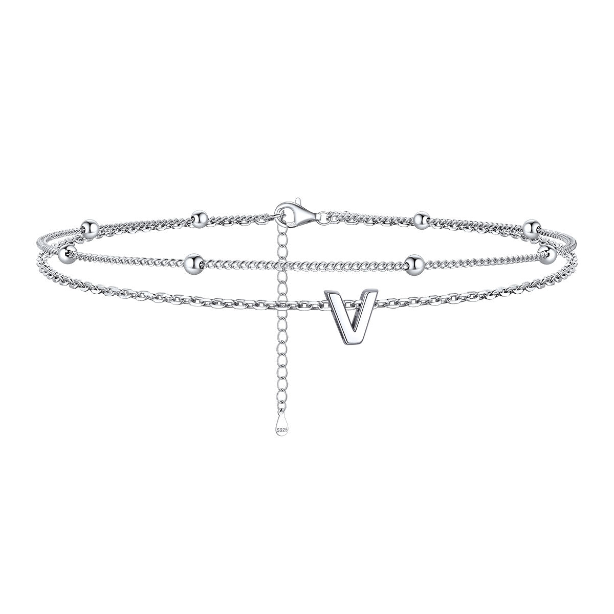 925 Sterling Silver Bead Chain Layered Initial Anklets for Girlfriend Gift